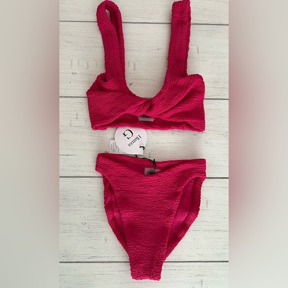 Hunza G Juno Two Piece Crinkle Bikini Swim Set Raspberry Pink NWT OS - Picture 10 of 16